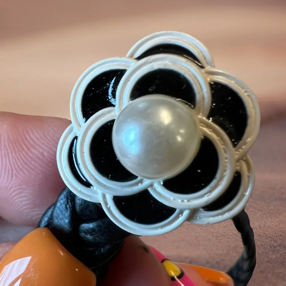 Black Braided Bracelet with Black & White Camellia Flower Charm - Picture 3 of 11